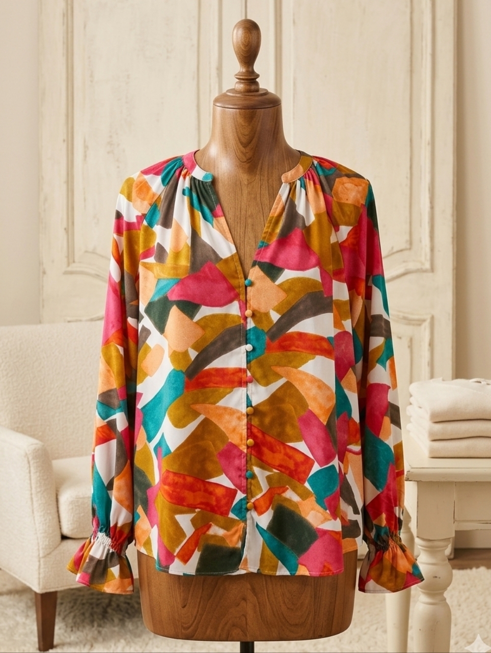 Entro Multicolor Abstract Button Down Blouse Size Small Relaxed Fit